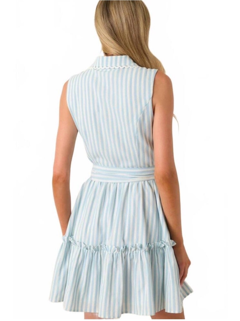 Women’s XS Prosperina Summer Light Blue Stripe Tie-Waist Dress Cotton Brand New - Picture 3 of 9